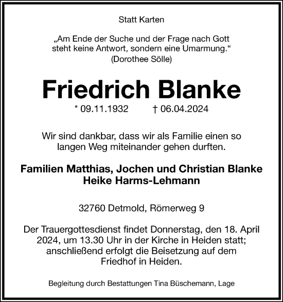 Anzeige  Friedrich Blanke  Lippische Landes-Zeitung