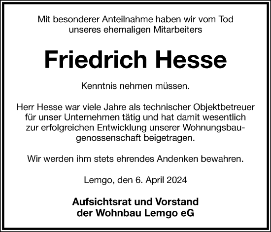 Anzeige  Friedrich Hesse  Lippische Landes-Zeitung