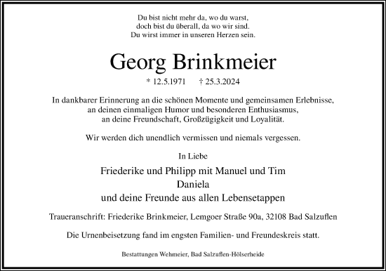 Anzeige  Georg Brinkmeier  Lippische Landes-Zeitung