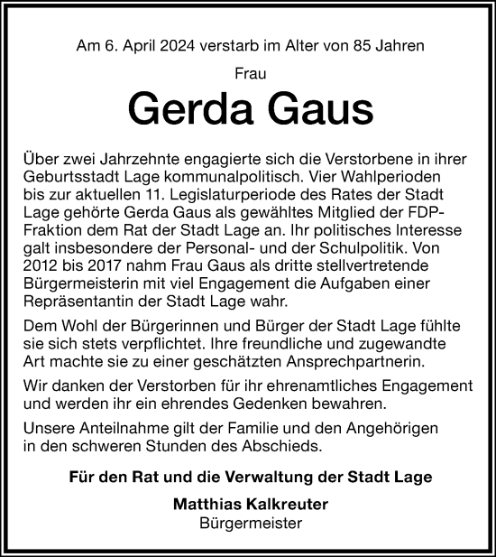 Anzeige  Gerda Gaus  Lippische Landes-Zeitung