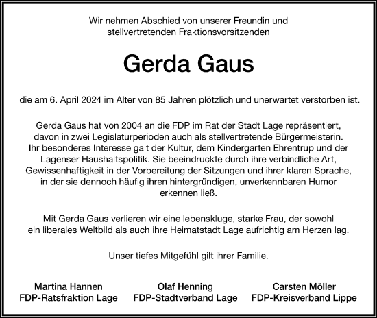 Anzeige  Gerda Gaus  Lippische Landes-Zeitung