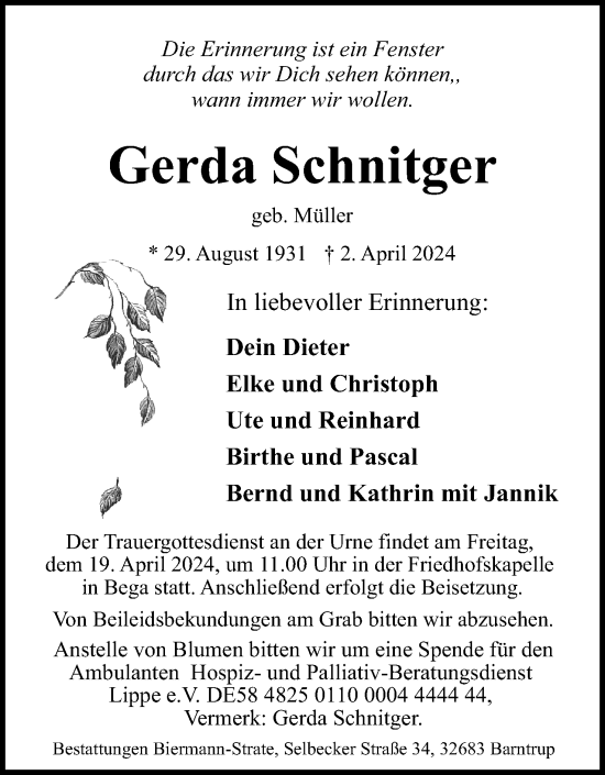 Anzeige  Gerda Schnitger  Lippische Landes-Zeitung