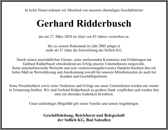 Anzeige  Gerhard Ridderbusch  Lippische Landes-Zeitung