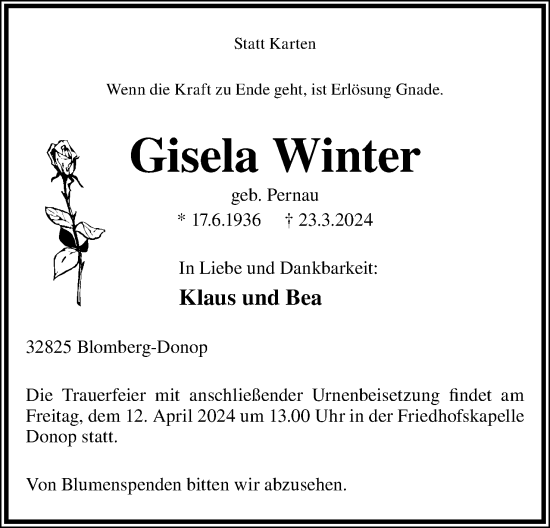 Anzeige  Gisela Winter  Lippische Landes-Zeitung