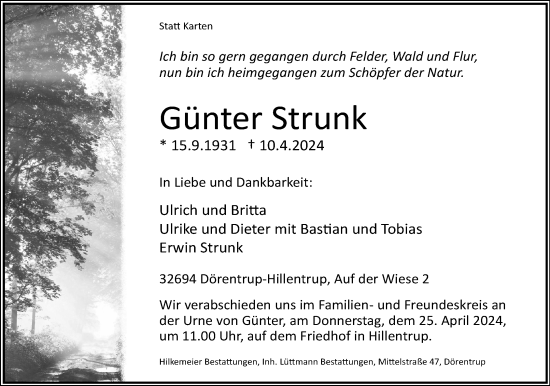 Anzeige  Günter Strunk  Lippische Landes-Zeitung