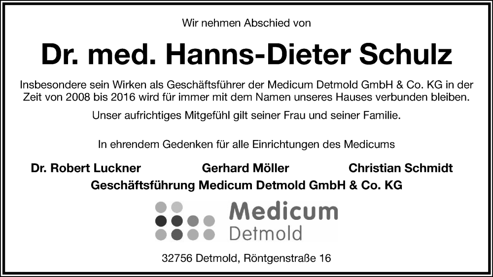  Traueranzeige für Hanns-Dieter Schulz vom 13.04.2024 aus Lippische Landes-Zeitung