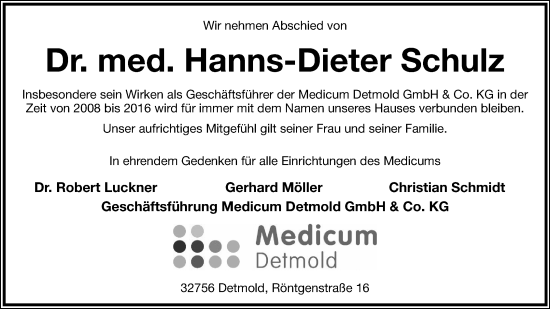 Anzeige  Hanns-Dieter Schulz  Lippische Landes-Zeitung