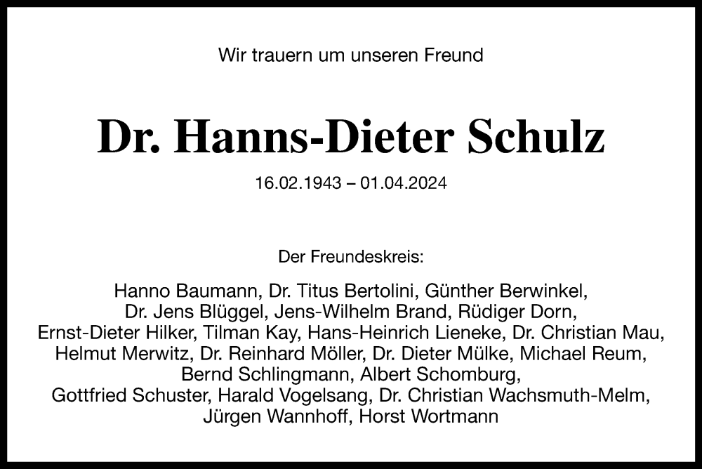  Traueranzeige für Hanns-Dieter Schulz vom 13.04.2024 aus Lippische Landes-Zeitung