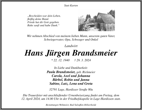 Anzeige  Hans Jürgen Brandsmeier  Lippische Landes-Zeitung