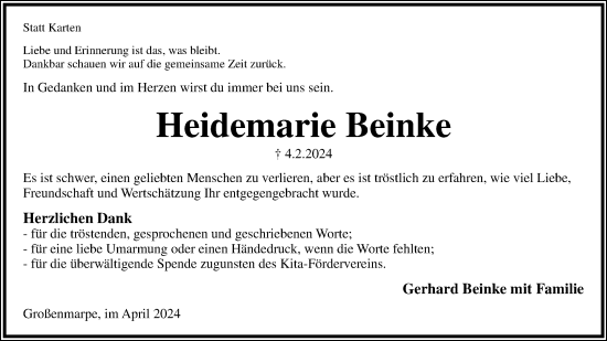 Anzeige  Heidemarie Beinke  Lippische Landes-Zeitung