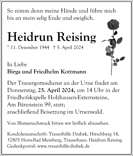 Anzeige  Heidrun Reising  Lippische Landes-Zeitung