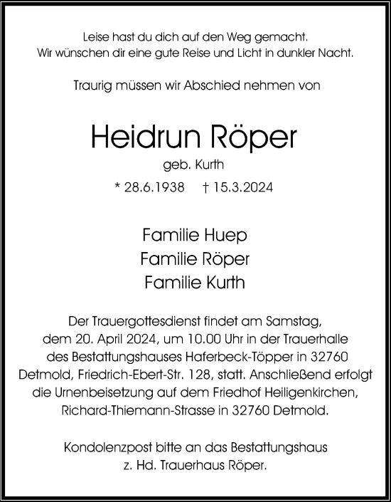 Anzeige  Heidrun Röper  Lippische Landes-Zeitung