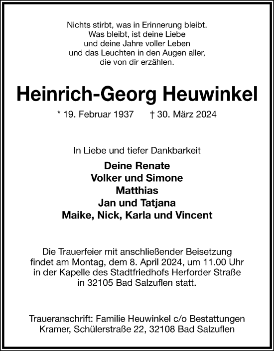Anzeige  Heinrich-Georg Heuwinkel  Lippische Landes-Zeitung