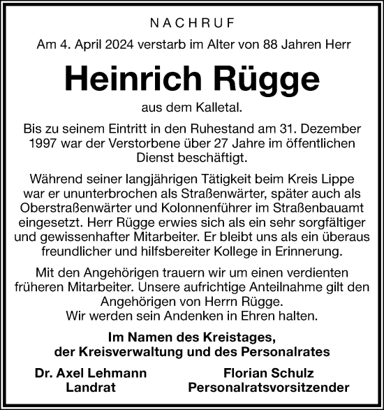Anzeige  Heinrich Rügge  Lippische Landes-Zeitung