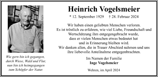 Anzeige  Heinrich Vogelsmeier  Lippische Landes-Zeitung