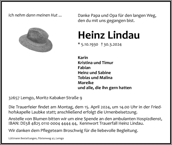 Anzeige  Heinz Lindau  Lippische Landes-Zeitung