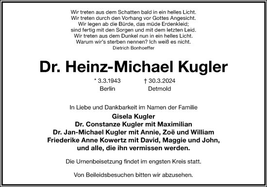Anzeige  Heinz-Michael Kugler  Lippische Landes-Zeitung