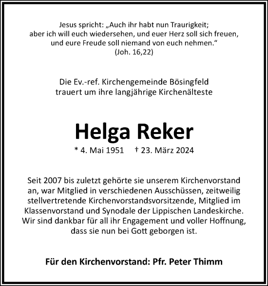 Anzeige  Helga Reker  Lippische Landes-Zeitung