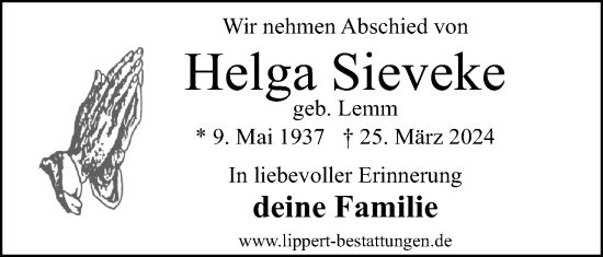 Anzeige  Helga Sieveke  Lippische Landes-Zeitung