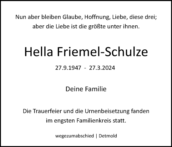 Anzeige  Hella Friemel-Schulze  Lippische Landes-Zeitung