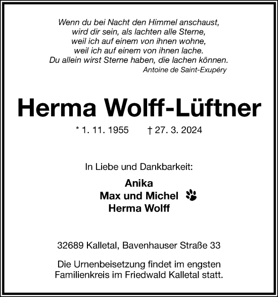 Anzeige  Herma Wolff-Lüftner  Lippische Landes-Zeitung