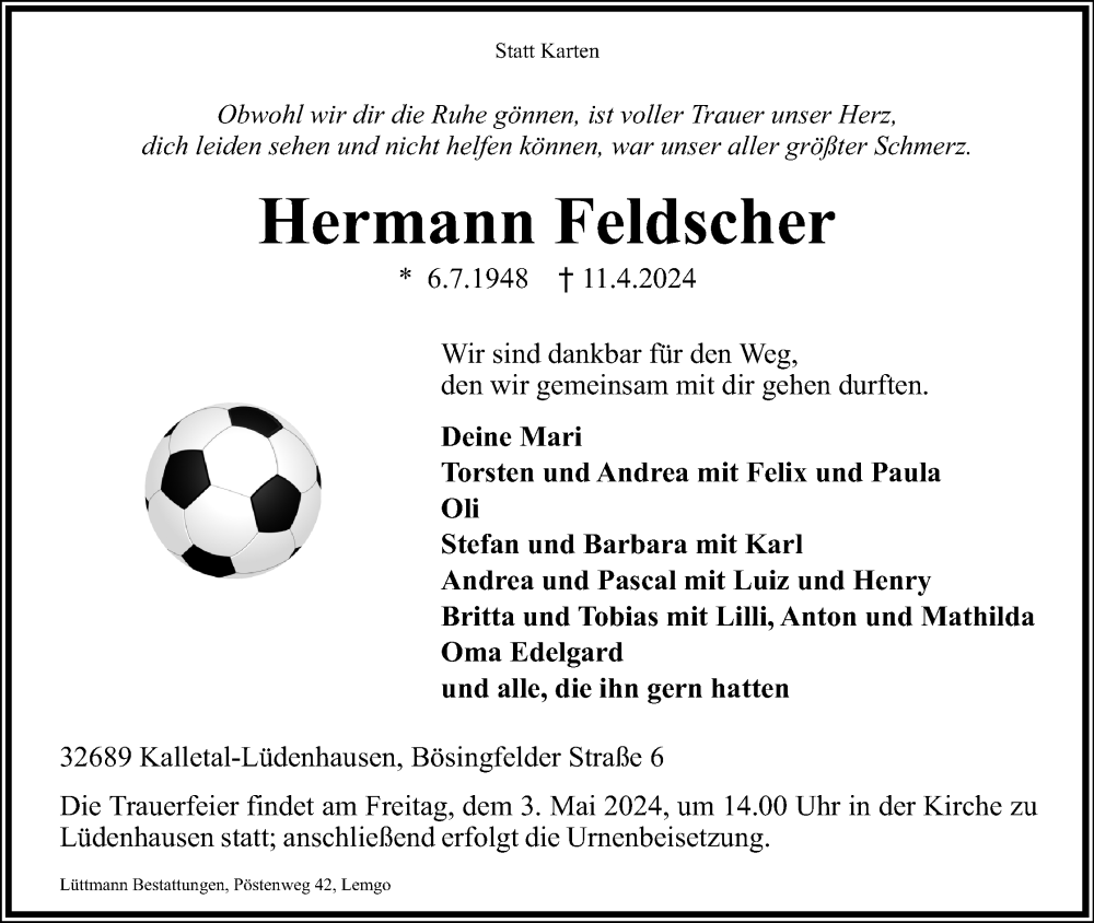  Traueranzeige für Hermann Feldscher vom 20.04.2024 aus Lippische Landes-Zeitung