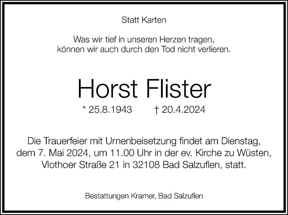  Traueranzeige für Horst Flister vom 27.04.2024 aus Lippische Landes-Zeitung