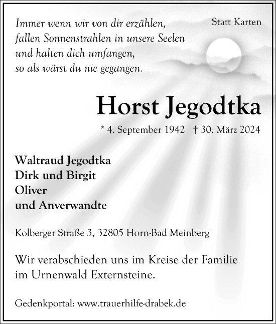 Anzeige  Horst Jegodtka  Lippische Landes-Zeitung