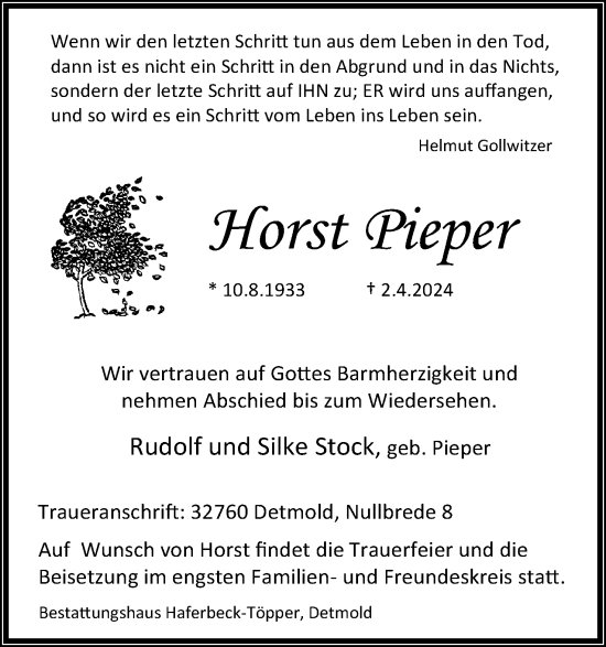 Anzeige  Horst Pieper  Lippische Landes-Zeitung