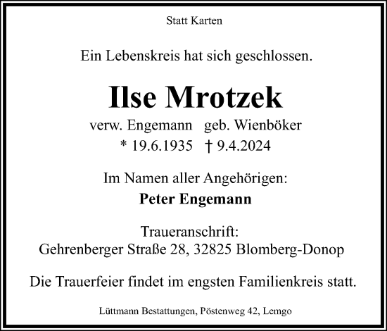 Anzeige  Ilse Mrotzek  Lippische Landes-Zeitung