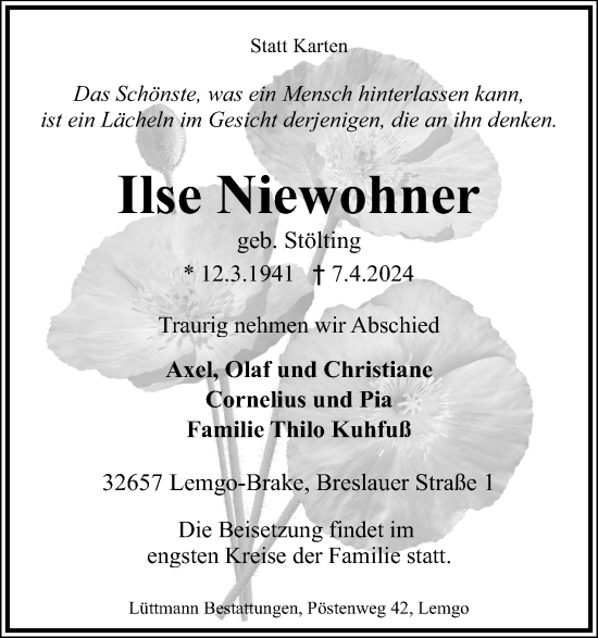 Anzeige  Ilse Niewohner  Lippische Landes-Zeitung