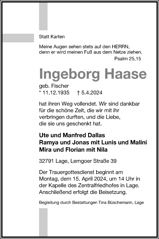 Anzeige  Ingeborg Haase  Lippische Landes-Zeitung