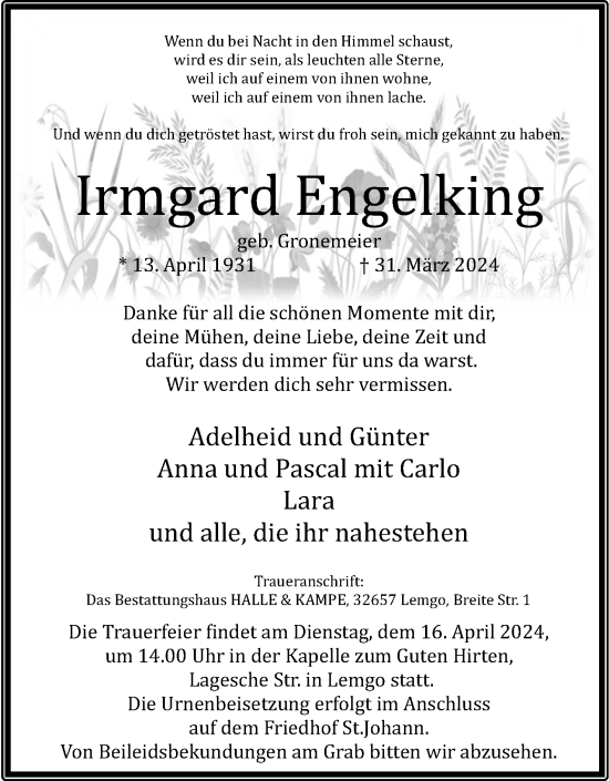 Anzeige  Irmgard Engelking  Lippische Landes-Zeitung