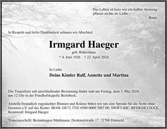 Anzeige  Irmgard Haeger  Lippische Landes-Zeitung