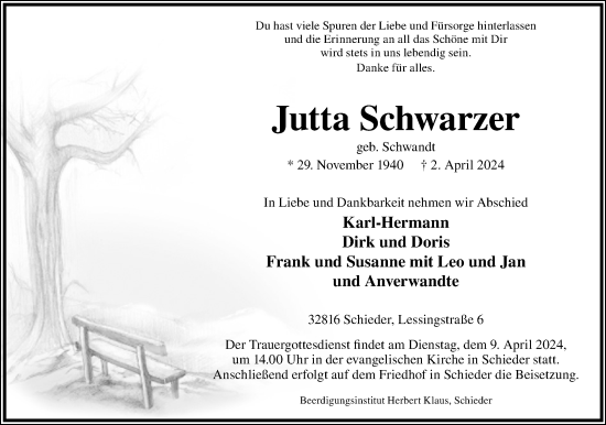 Anzeige  Jutta Schwarzer  Lippische Landes-Zeitung