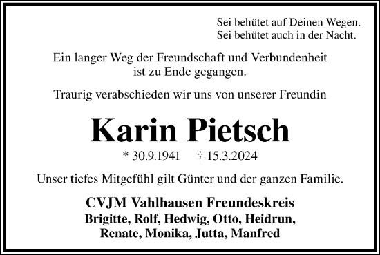 Anzeige  Karin Pietsch  Lippische Landes-Zeitung