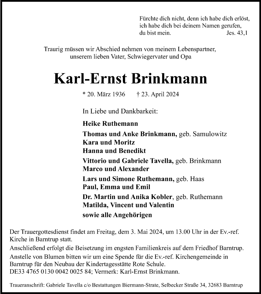  Traueranzeige für Karl-Ernst Brinkmann vom 27.04.2024 aus Lippische Landes-Zeitung