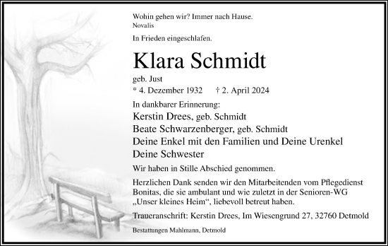 Anzeige  Klara Schmidt  Lippische Landes-Zeitung