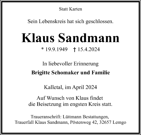 Anzeige  Klaus Sandmann  Lippische Landes-Zeitung