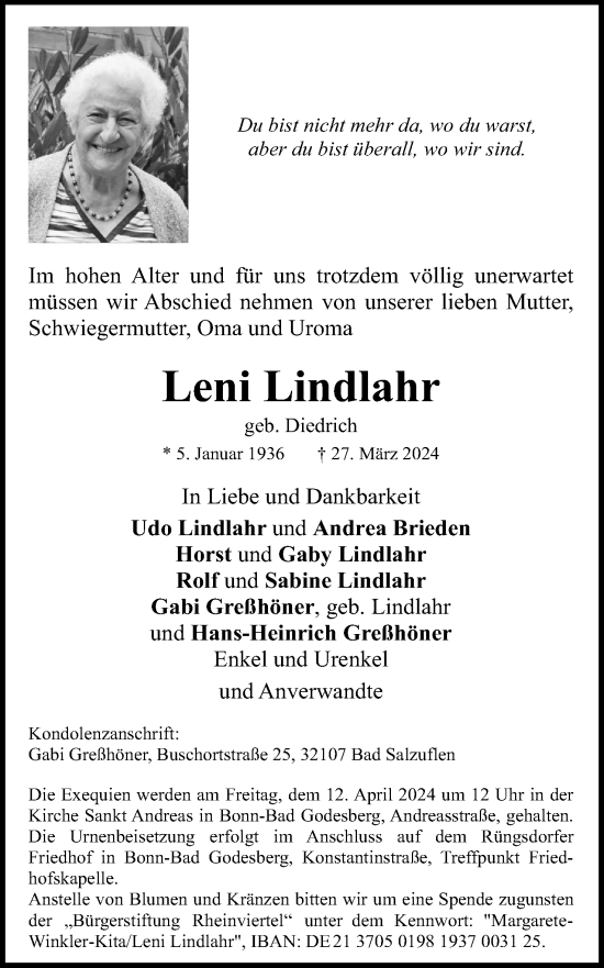 Anzeige  Leni Lindlahr  Lippische Landes-Zeitung