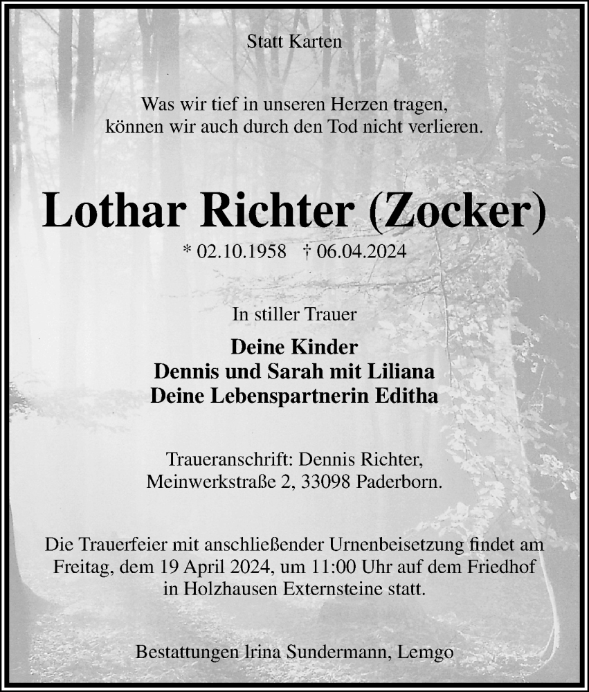  Traueranzeige für Lothar Richter vom 13.04.2024 aus Lippische Landes-Zeitung