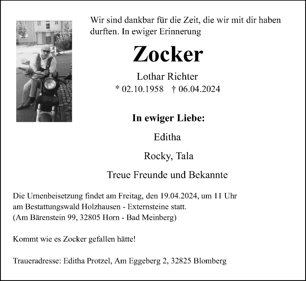  Traueranzeige für Lothar Richter vom 13.04.2024 aus Lippische Landes-Zeitung