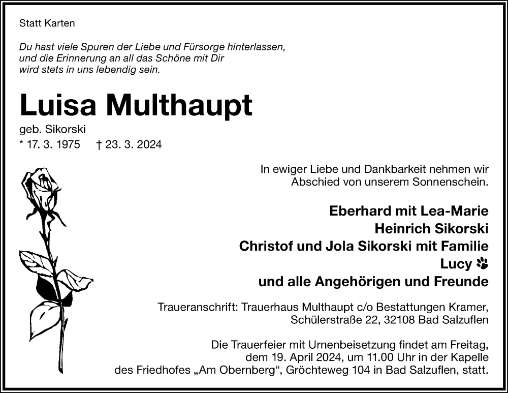  Traueranzeige für Luisa Multhaupt vom 06.04.2024 aus Lippische Landes-Zeitung