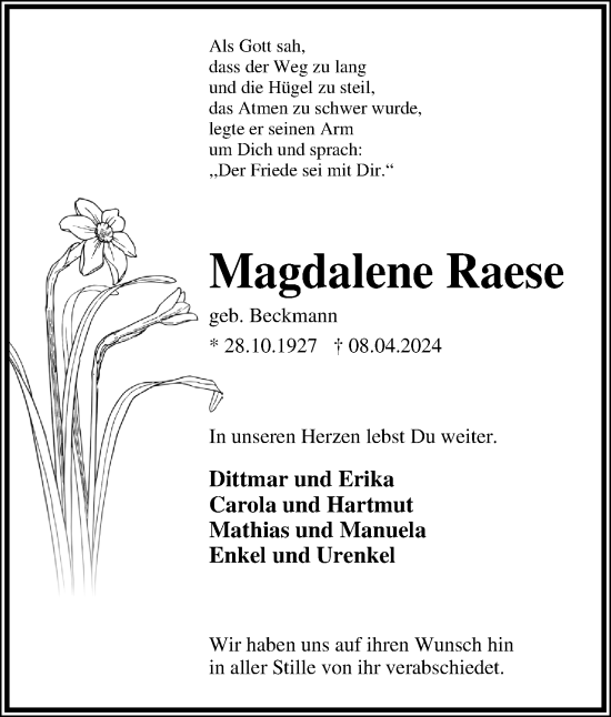 Anzeige  Magdalene Raese  Lippische Landes-Zeitung