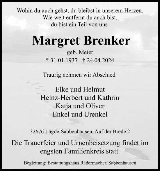 Anzeige  Margret Brenker  Lippische Landes-Zeitung