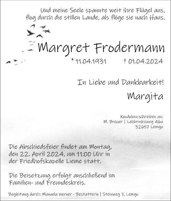 Anzeige  Margret Frodermann  Lippische Landes-Zeitung