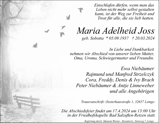 Anzeige  Maria Adelheid Joss  Lippische Landes-Zeitung