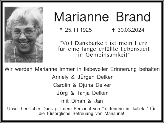 Anzeige  Marianne Brand  Lippische Landes-Zeitung