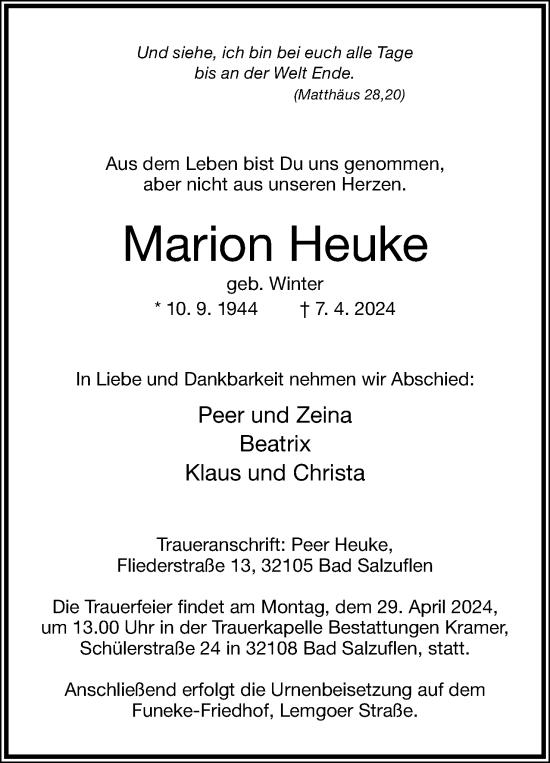 Anzeige  Marion Heuke  Lippische Landes-Zeitung