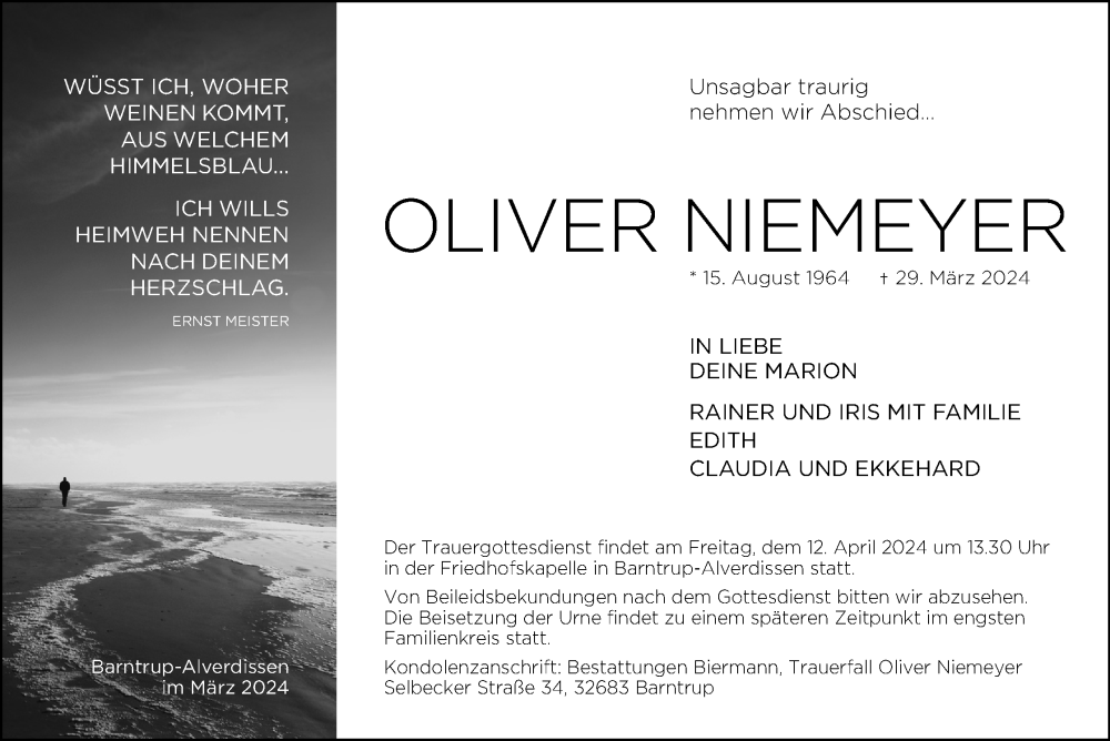  Traueranzeige für Oliver Niemeyer vom 06.04.2024 aus Lippische Landes-Zeitung